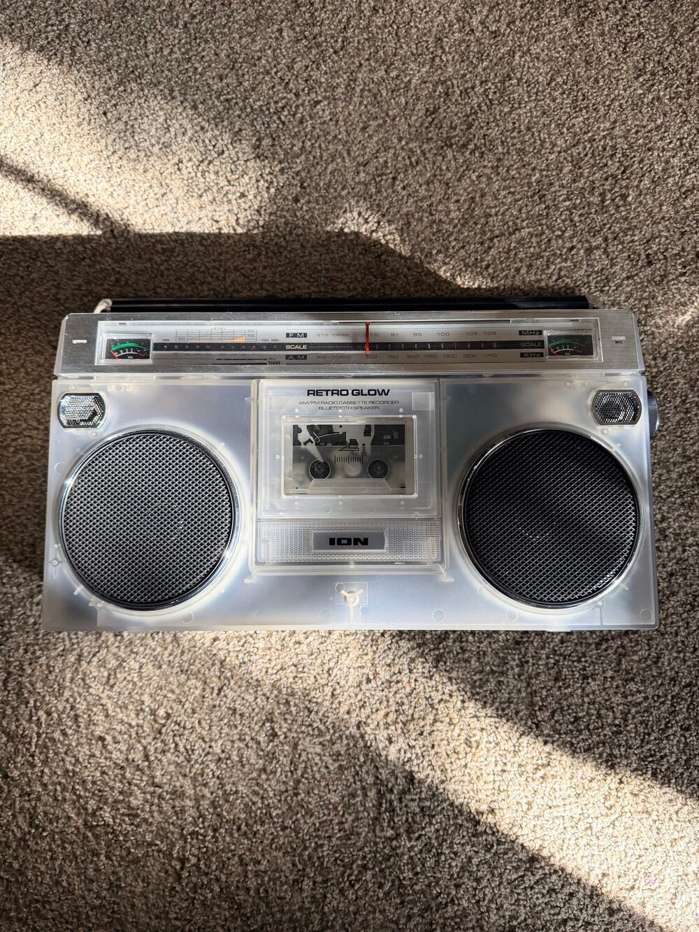 ION Audio Retro Glow Clear Plastic Bluetooth Boombox Cassette Player AM/FM Radio